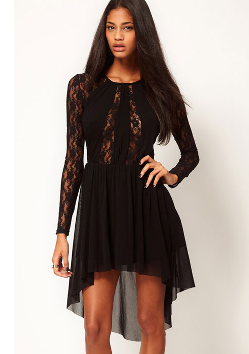 Black  Lace Insert Skater Dress With High Low Hem